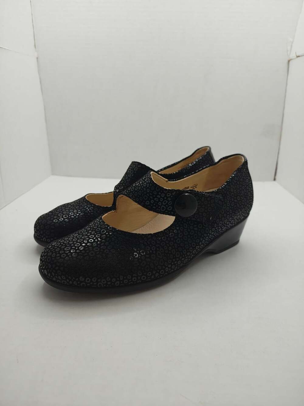 Waldläufer Black Leopard Print Mary Jane Wedge Shoes Size US 6.5